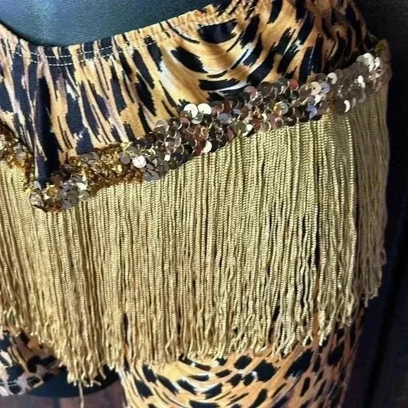 Vintage One Leg Leopard Cheetah Animal Print Leggings Fringe Sequins 80s 90s - Picture 4 of 7